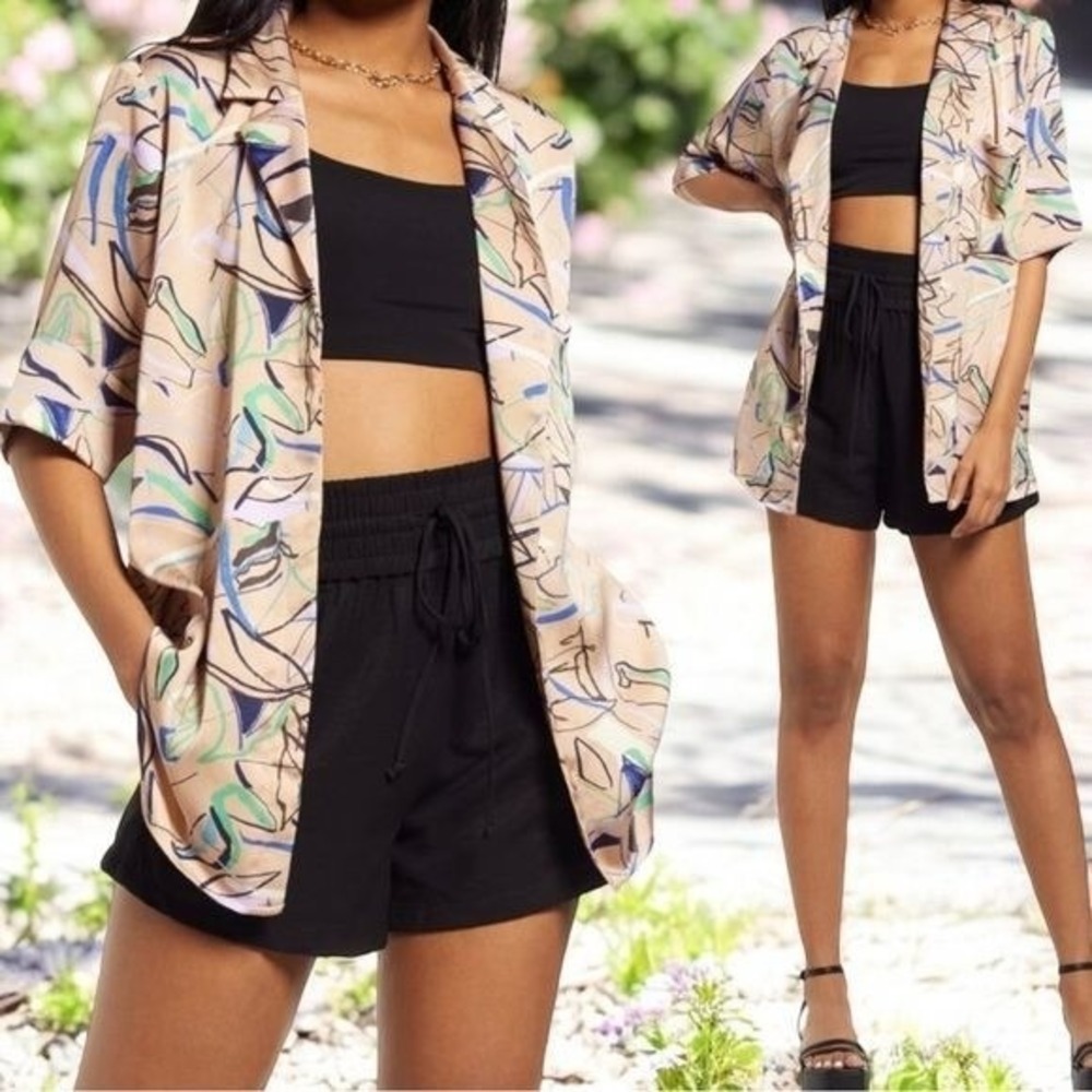 Open Edit Satin Oversized Camp Button-Up Shirt Color Ivory Birch Grunge Artsy M